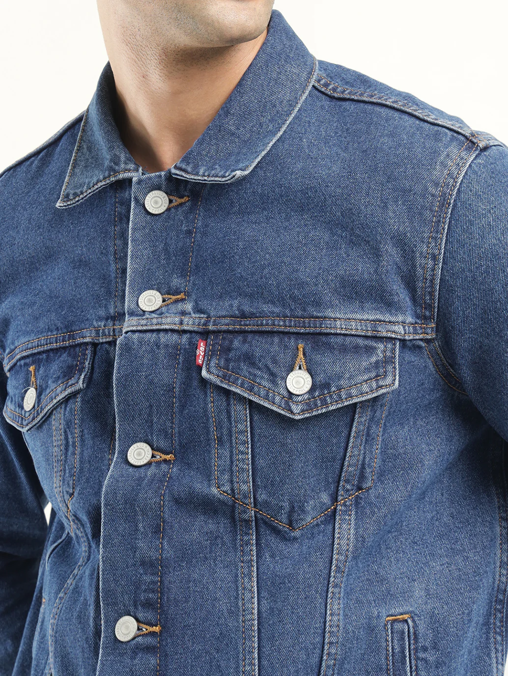 Men's Solid Blue Spread Collar Denim Jacket - Image 4
