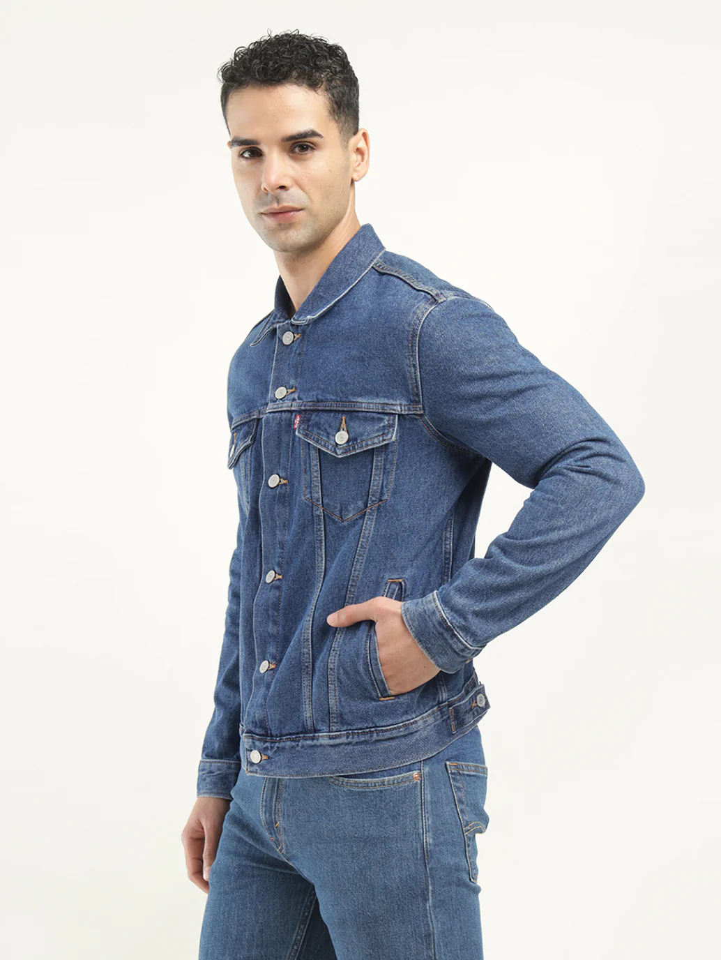 Men's Solid Blue Spread Collar Denim Jacket - Image 5