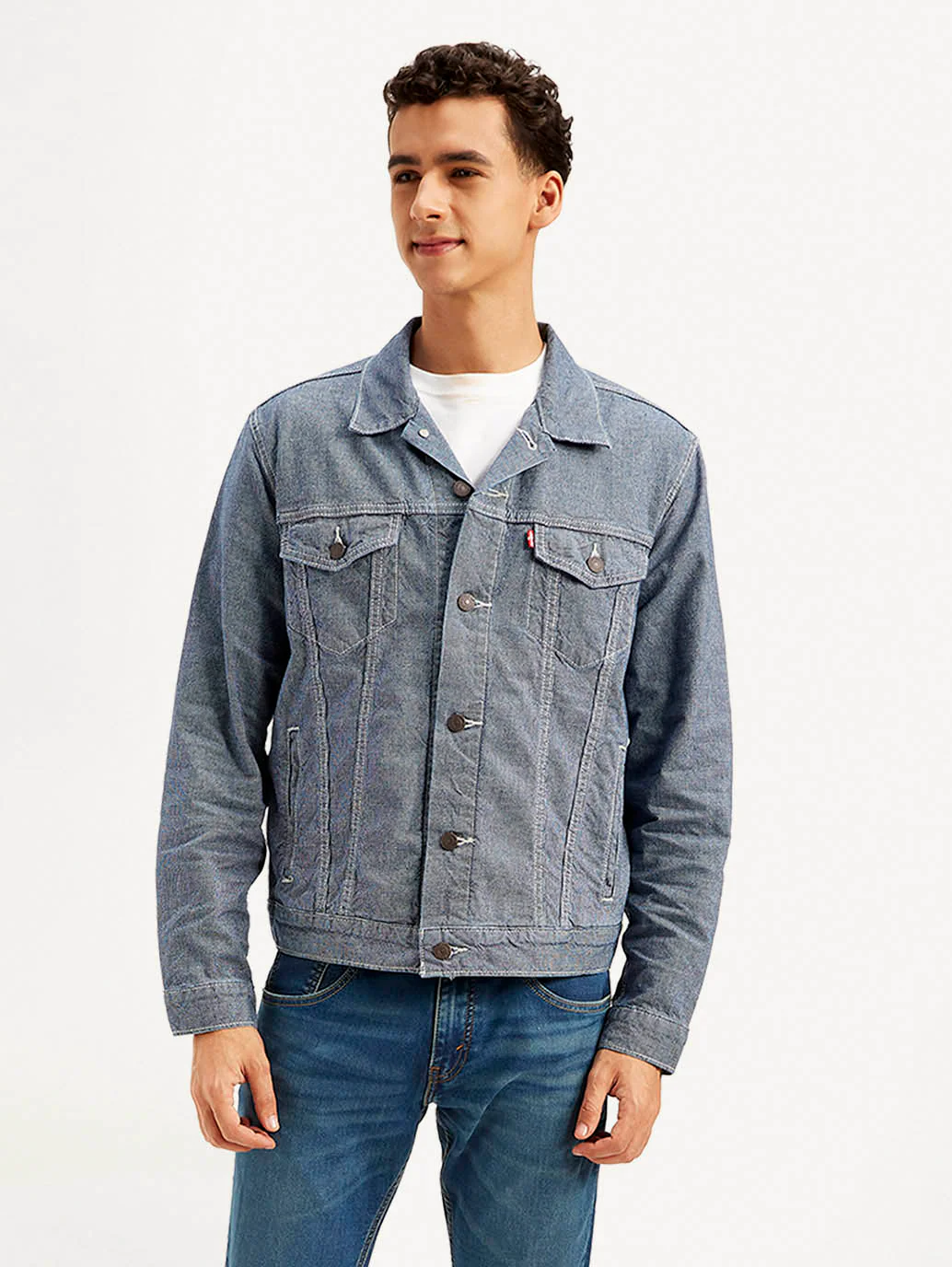Men's Solid Blue Spread Collar Denim Jacket - Image 2