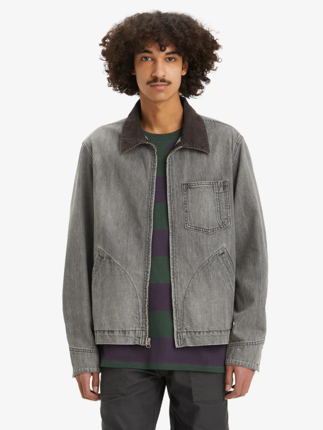 Men's Solid Charcoal-Grey Spread Collar Denim Jacket - Image 3