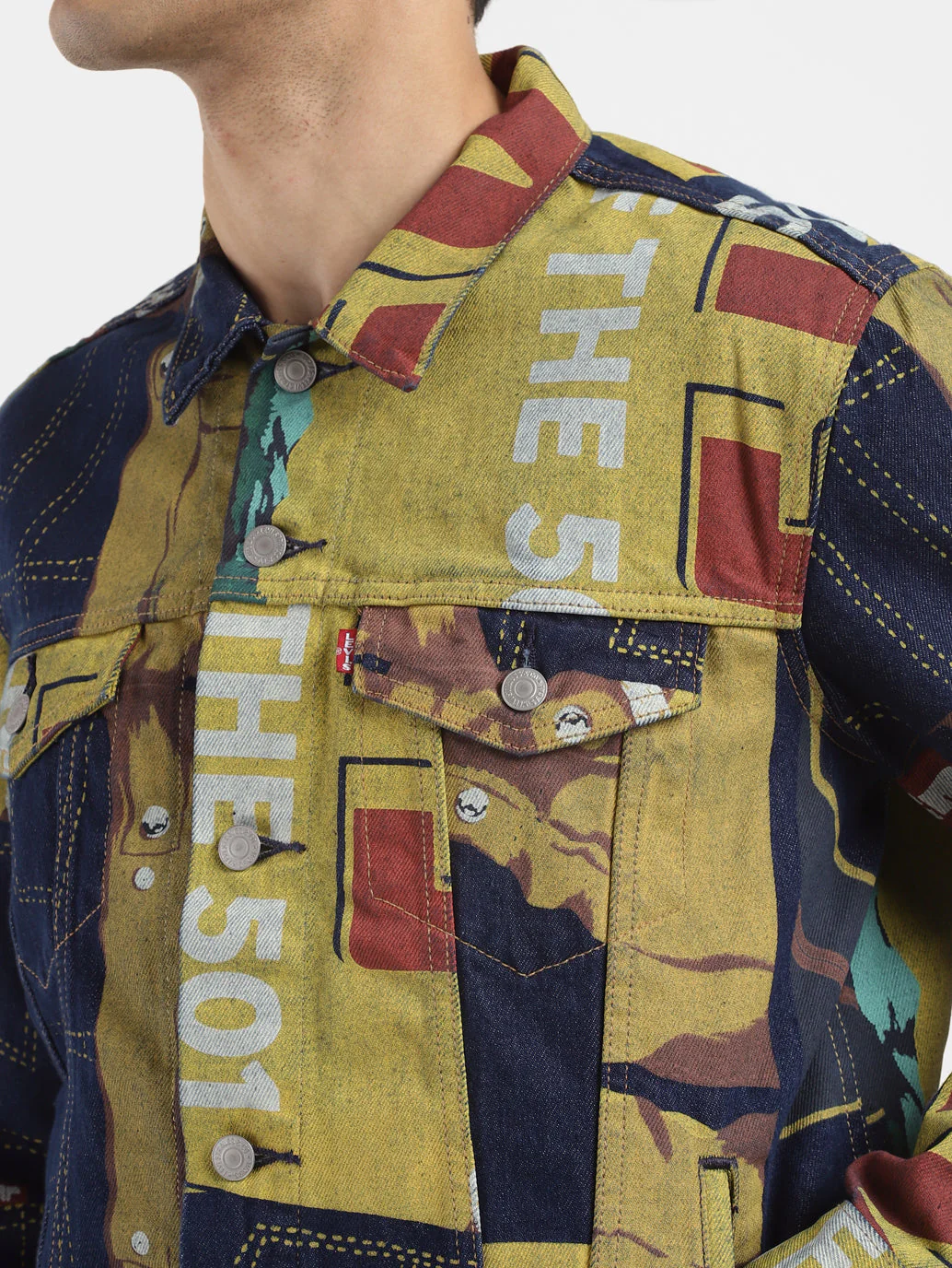 Men's Colorblock Collar Neck Denim Jacket - Image 5