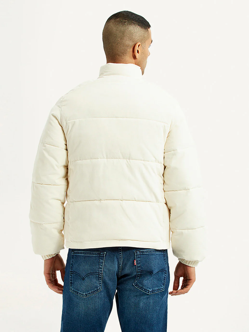 Men's Solid Cream Puffer Jacket - Image 3
