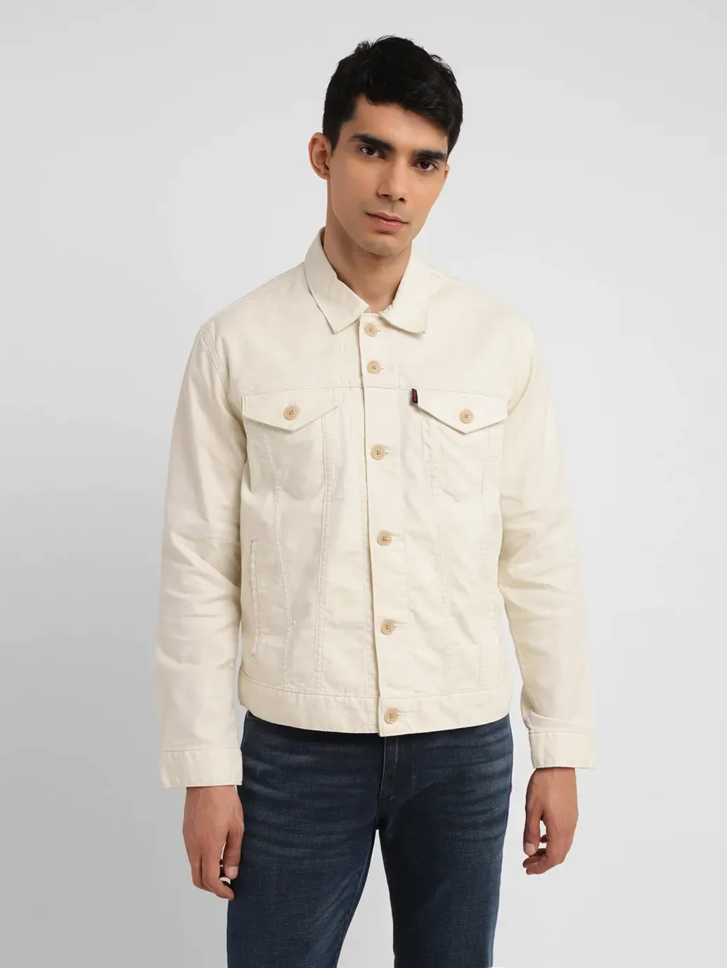 Men's Redloop Solid Cream Spread Collar Trucker Jacket - Image 2