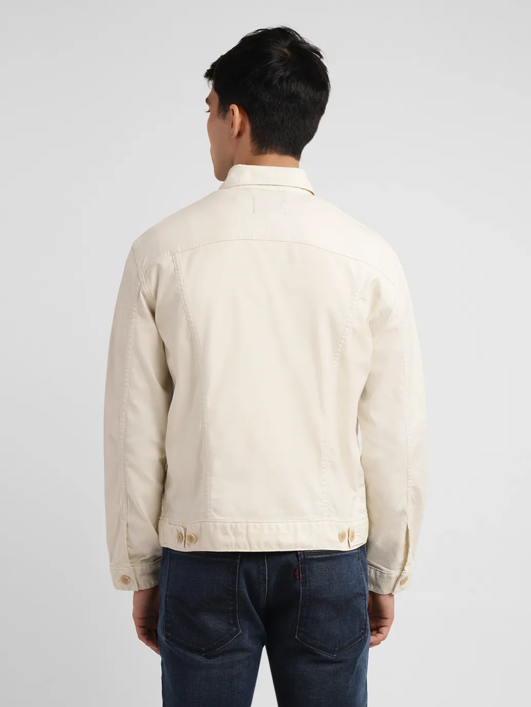 Men's Redloop Solid Cream Spread Collar Trucker Jacket - Image 3
