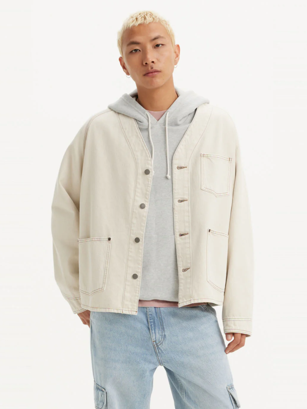 Men's Solid Cream V Neck Denim Jacket - Image 2