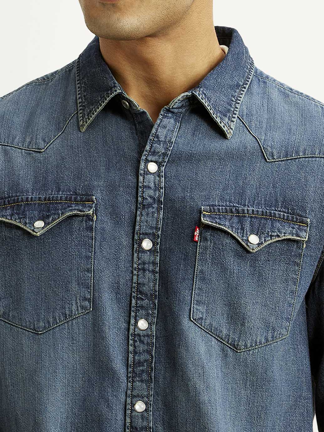 Men's Solid Indigo Slim Fit Denim Shirt - Image 4