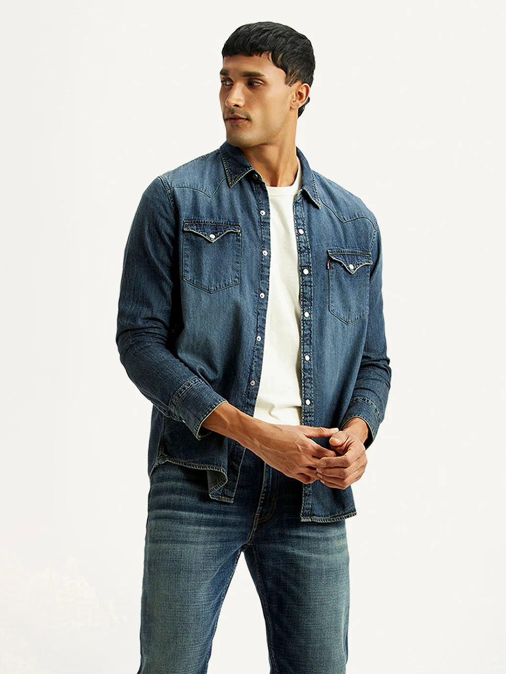 Men's Solid Indigo Slim Fit Denim Shirt - Image 5
