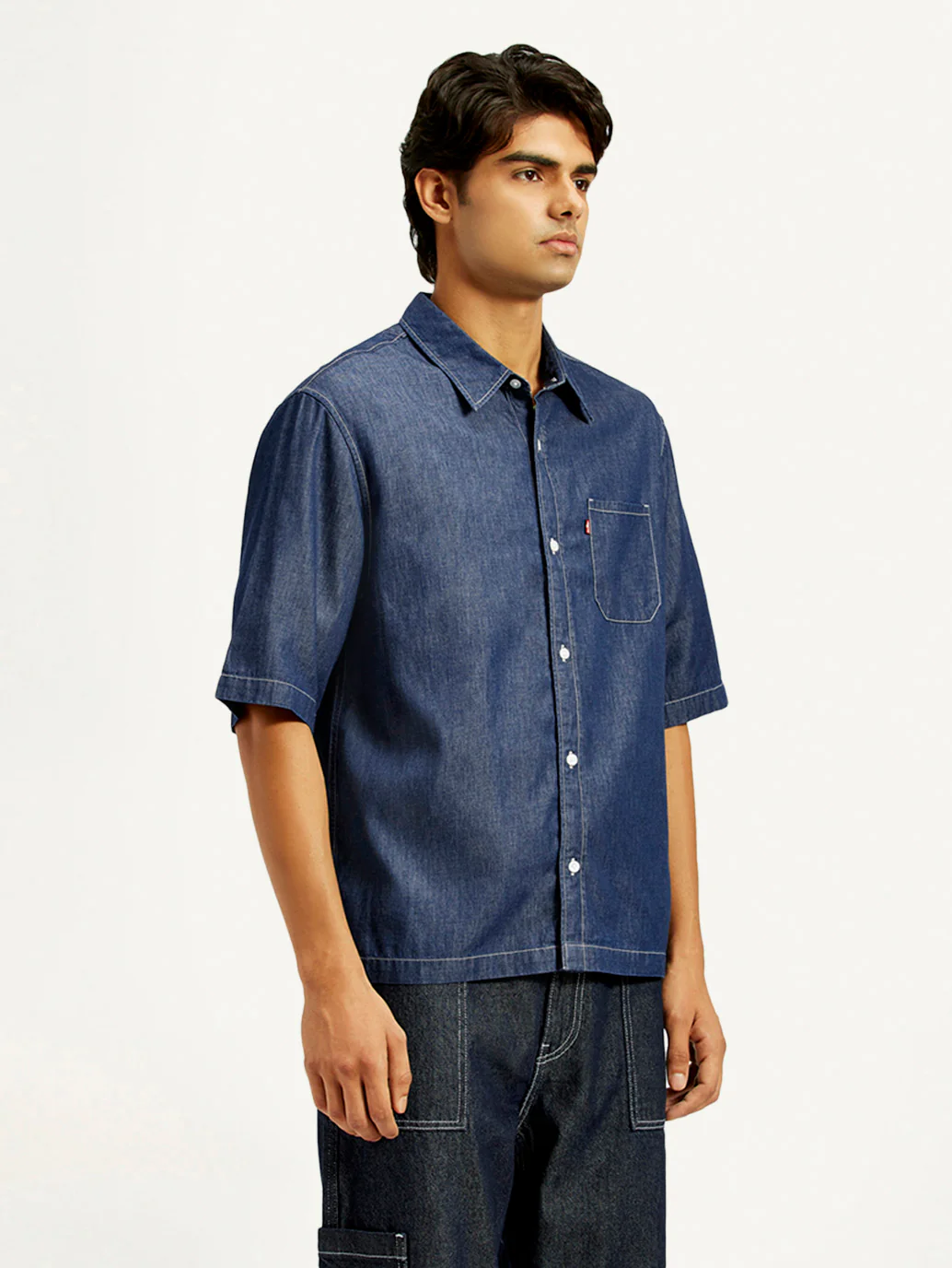 Men's Solid Dark Blue Spread Collar Denim Shirt - Image 5