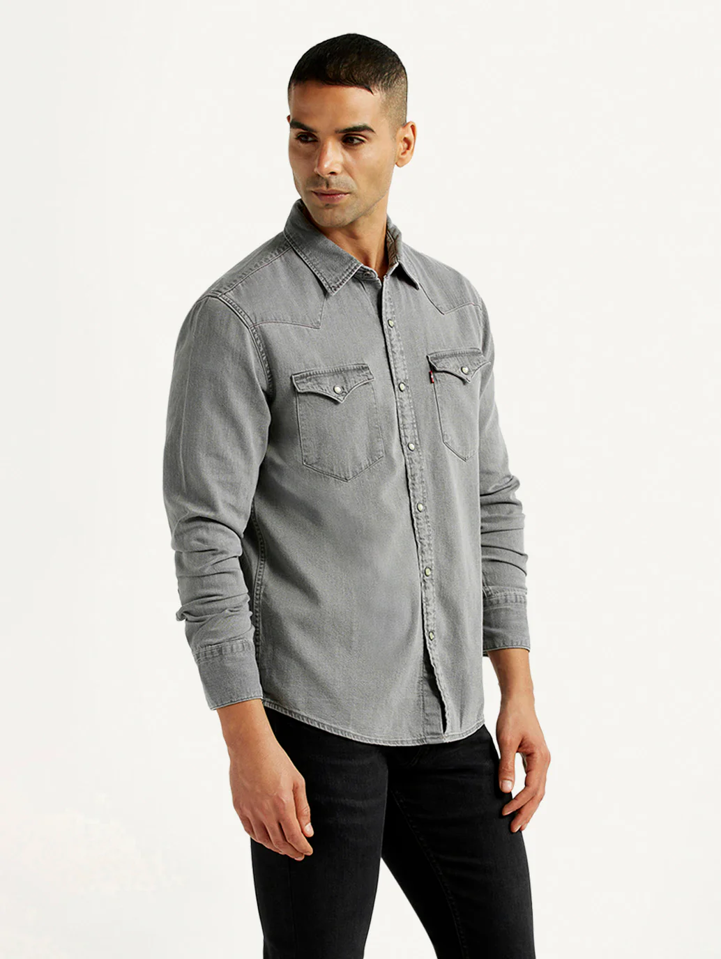 Men's Solid Grey Slim Fit Denim Shirt - Image 4
