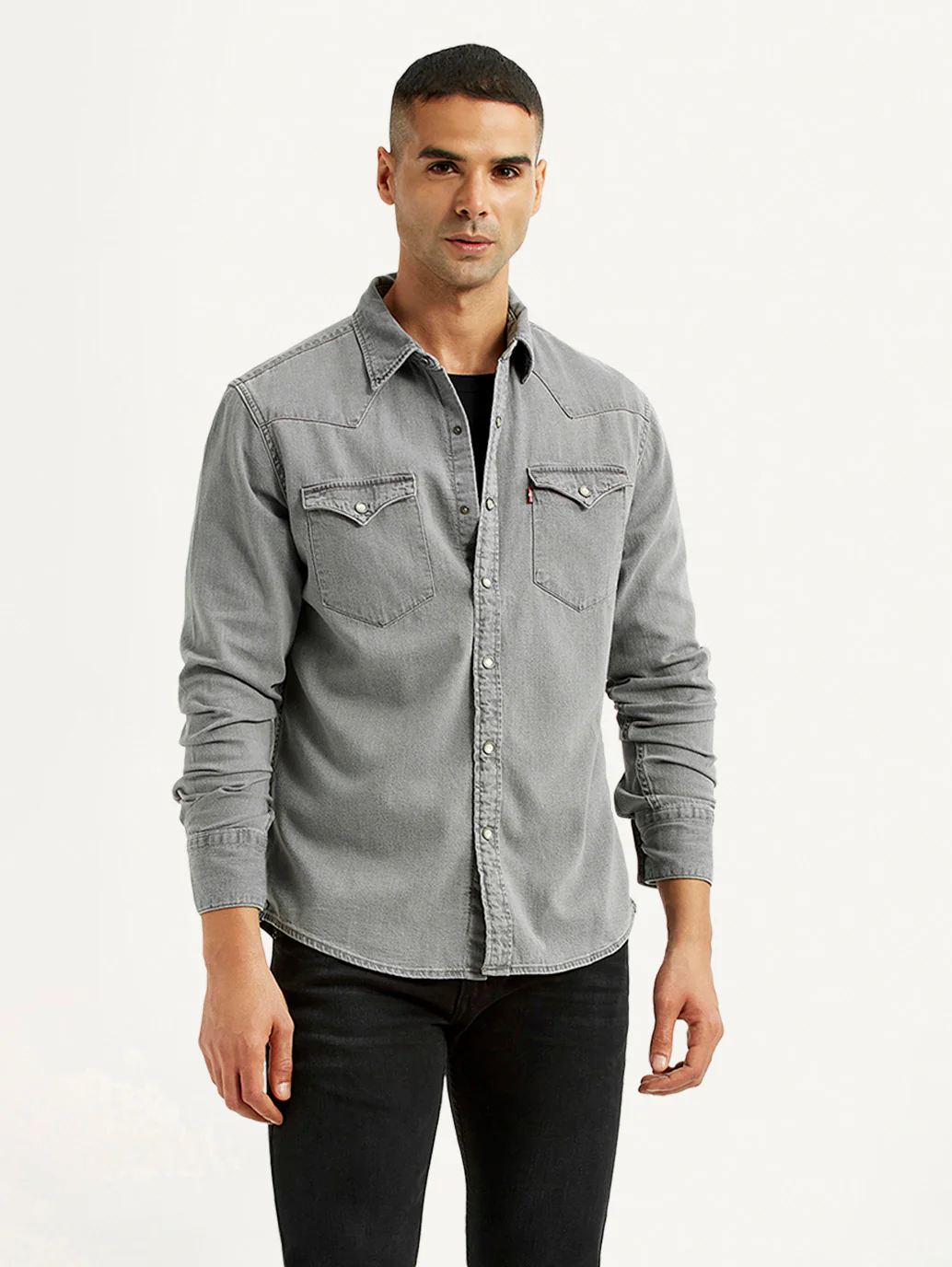 Men's Solid Grey Slim Fit Denim Shirt - Image 5