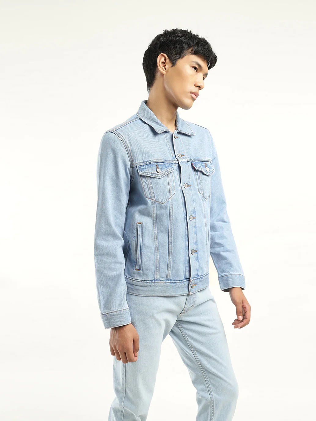 Men's Solid Light Blue Spread Collar Denim Jacket - Image 5