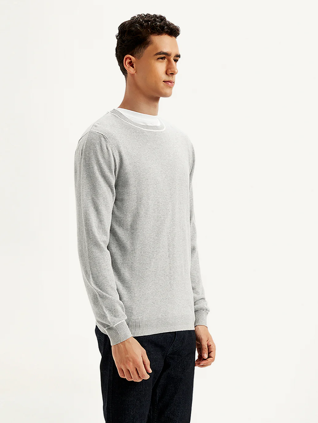 Men's Solid Light-Grey Crew Neck Sweater - Image 5