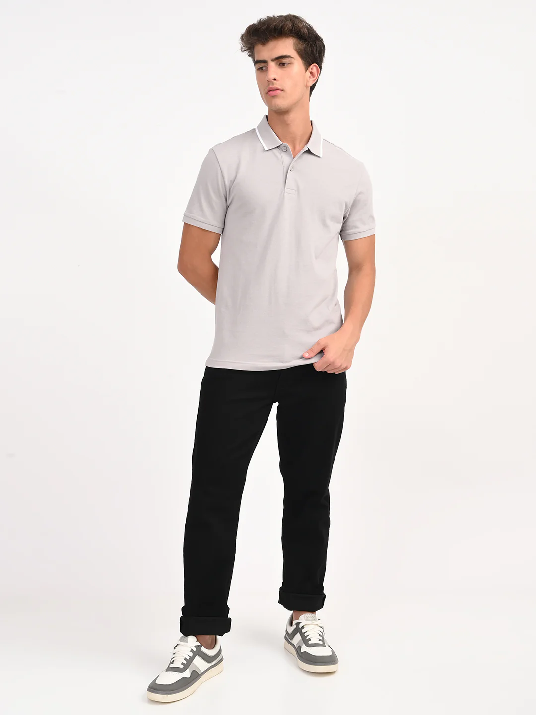 Men's Solid Light Grey Slim Fit Polo T-shirt - Image 4