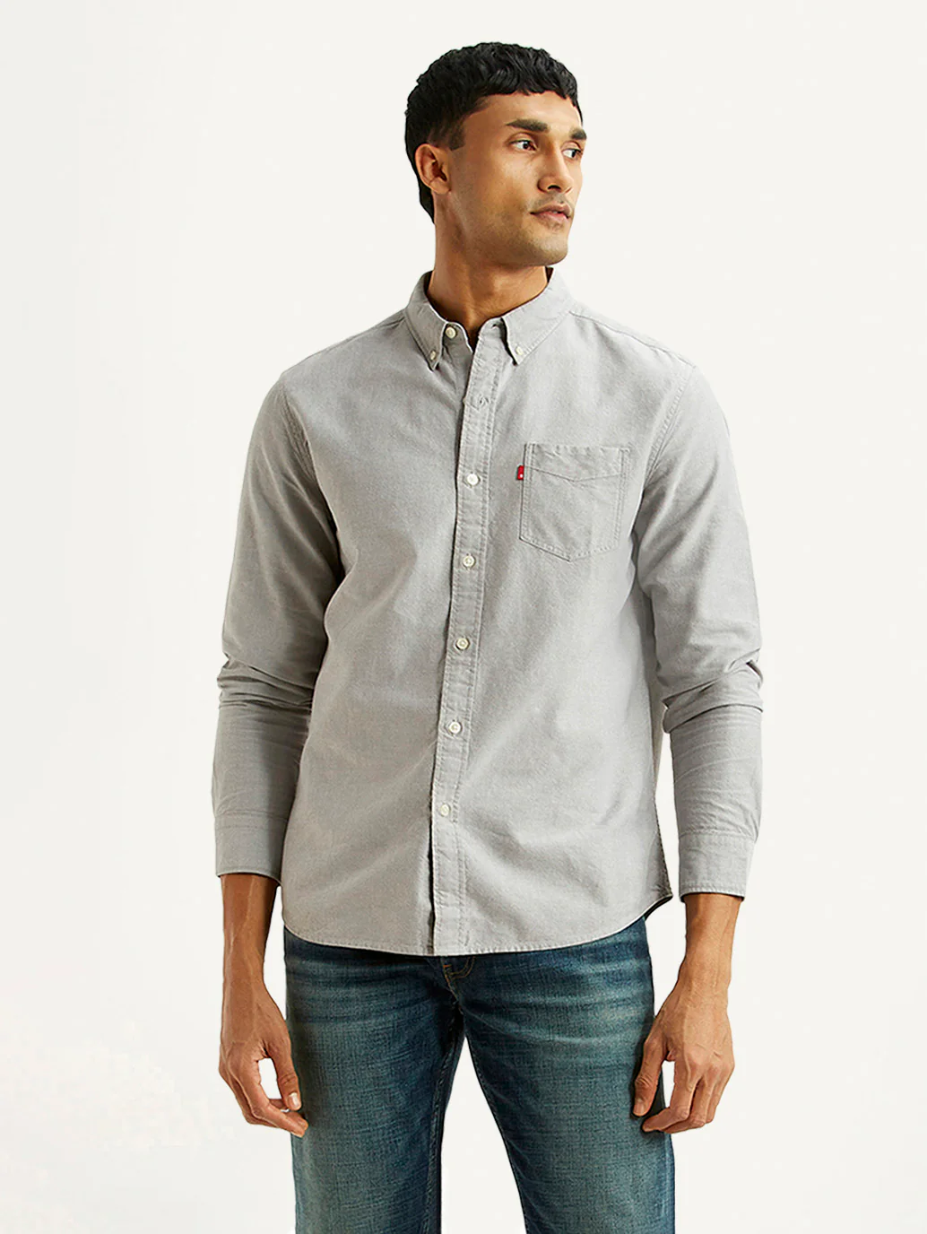 Men's Solid Light Grey Slim Fit Oxford Shirt