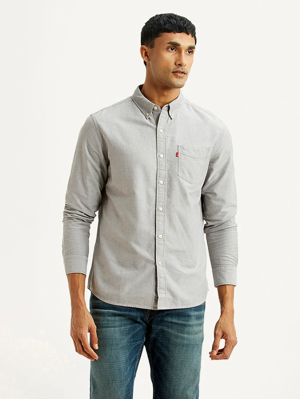 Men's Solid Light Grey Slim Fit Oxford Shirt - Image 2