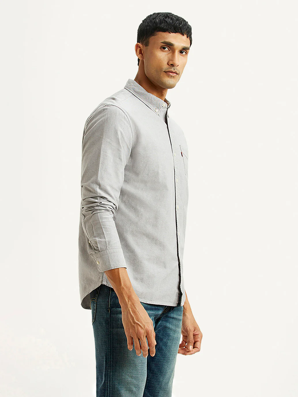 Men's Solid Light Grey Slim Fit Oxford Shirt - Image 5