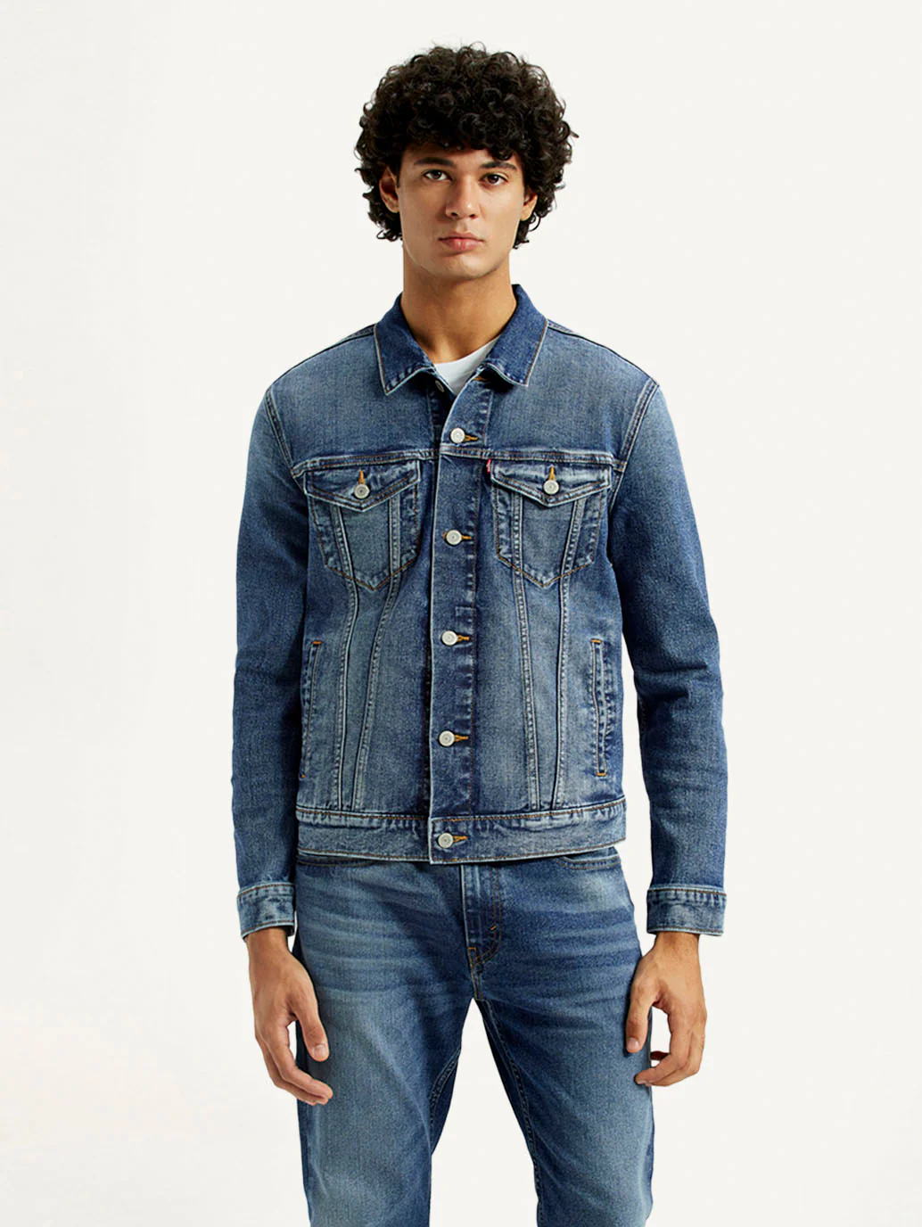 Men's Solid Med Indigo Spread Collar Denim Jacket - Image 2