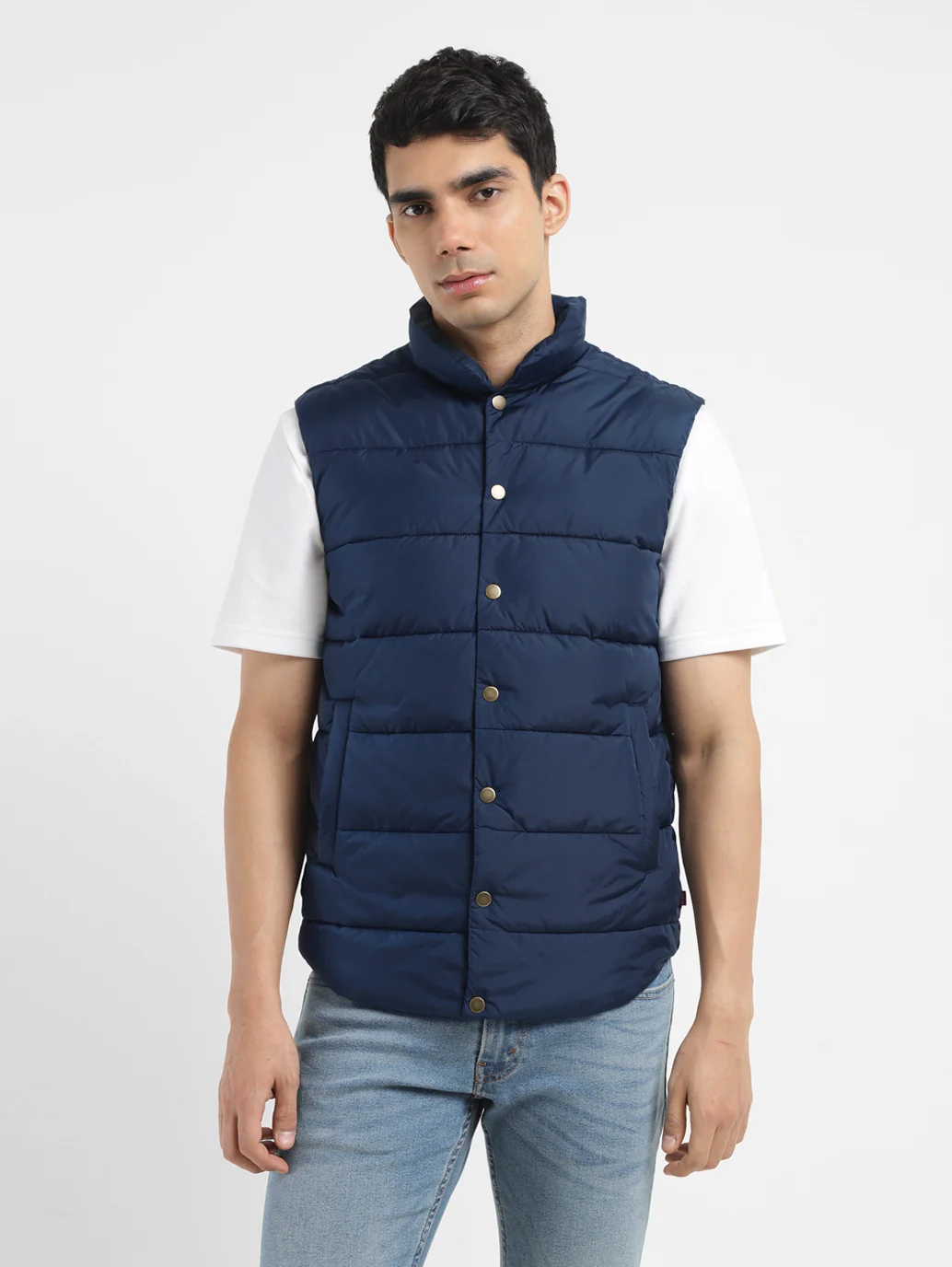 Men's Solid Navy Band Neck Quilted Jacket - Image 6