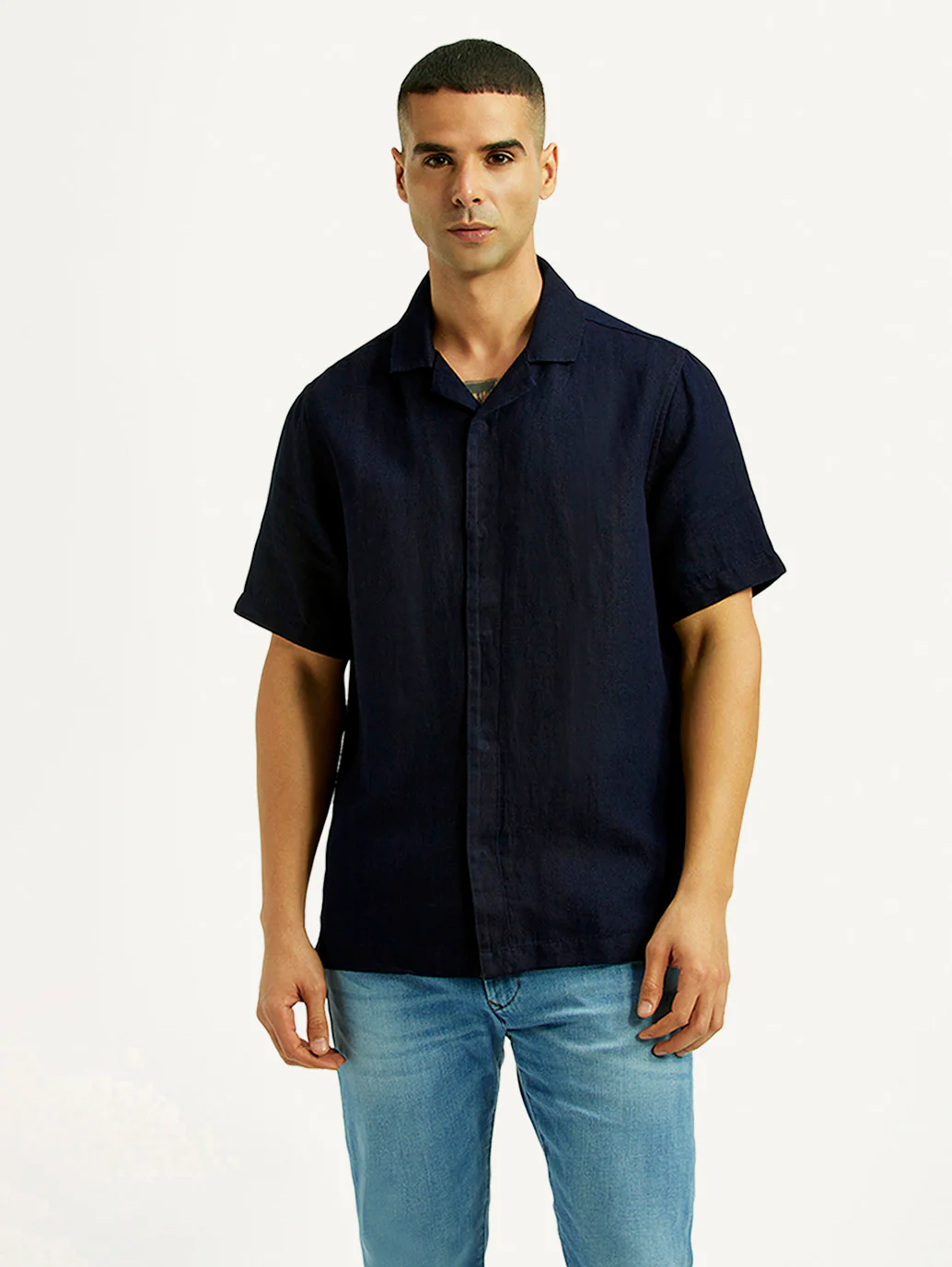 Men's Solid Navy Relaxed Fit Camp Shirt - Image 2