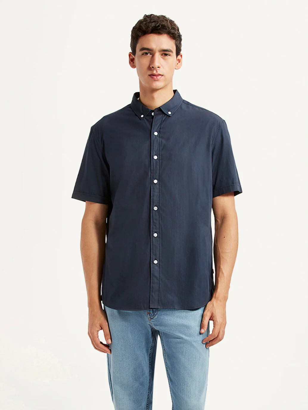 Men's Solid Navy Slim Fit Poplin Shirt - Image 2