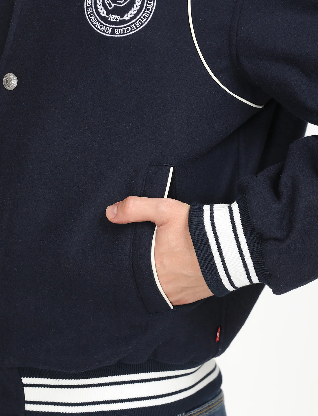 Men's Solid Navy Spread Collar Varsity Jacket - Image 6
