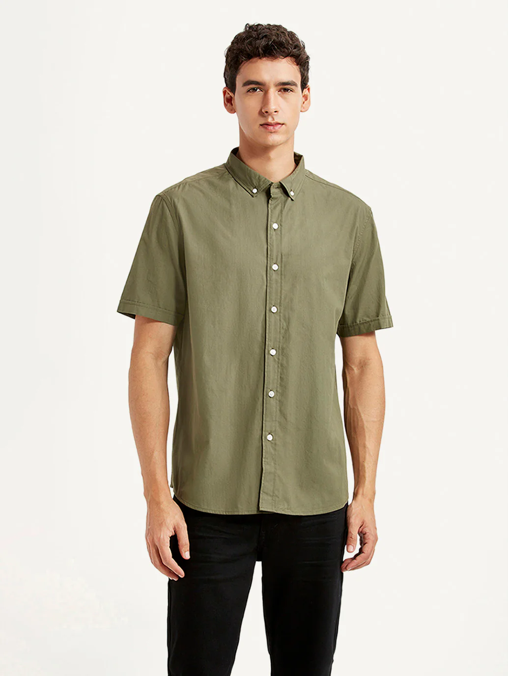 Men's Solid Olive Slim Fit Poplin Shirt - Image 2