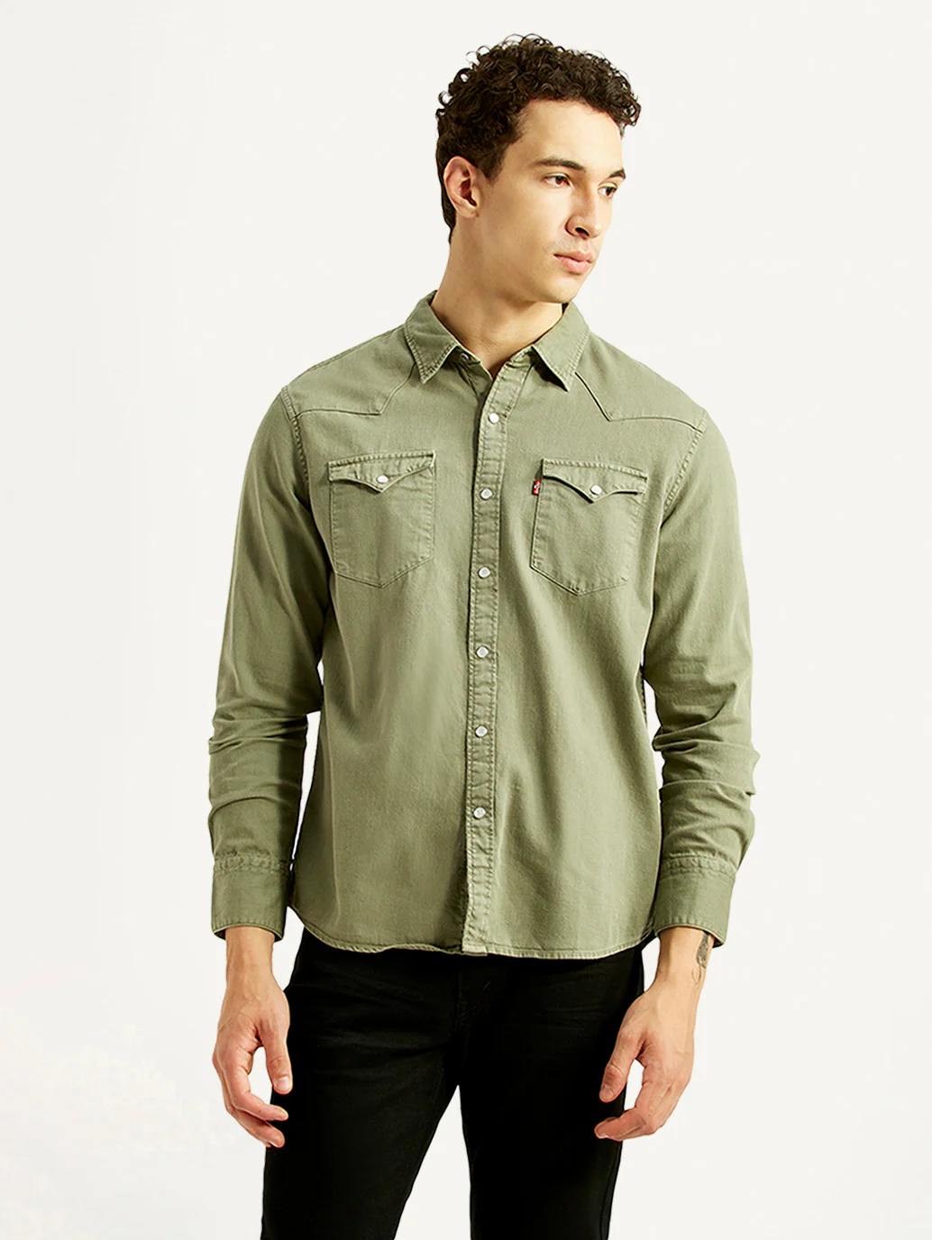 Men's Solid Olive Slim Fit Denim Shirt - Image 2