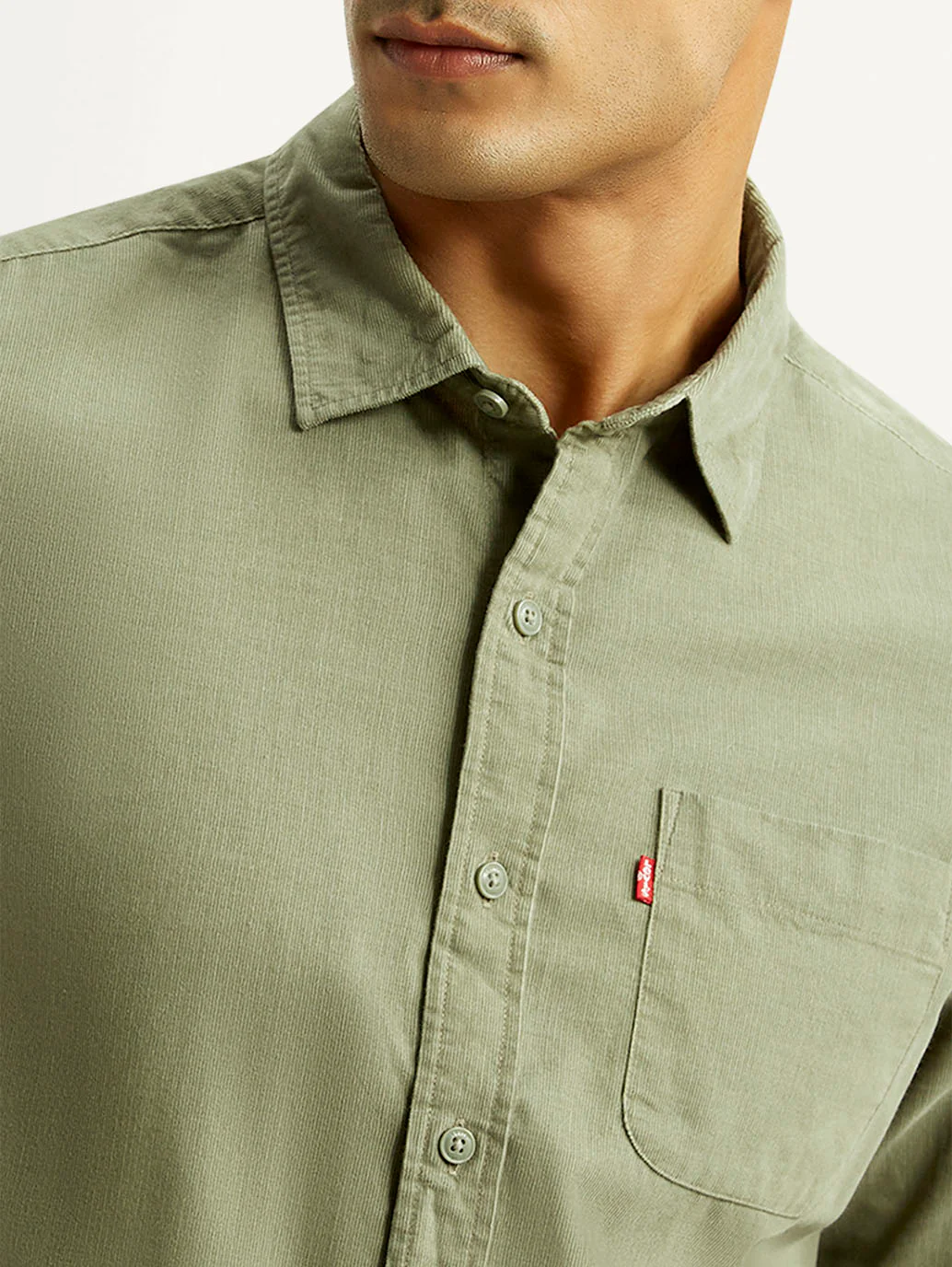 Men's Solid Olive Slim Fit Corduroy Shirt - Image 3