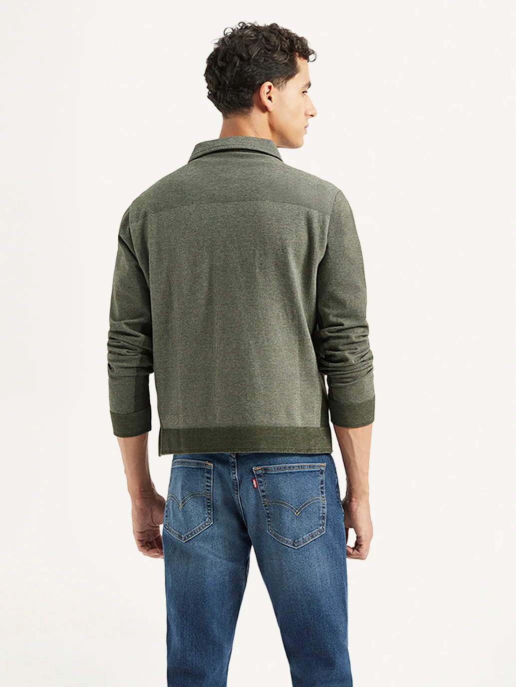 Men's Solid Olive Spread Collar Jacket - Image 3