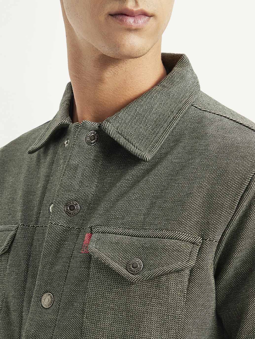 Men's Solid Olive Spread Collar Jacket - Image 4