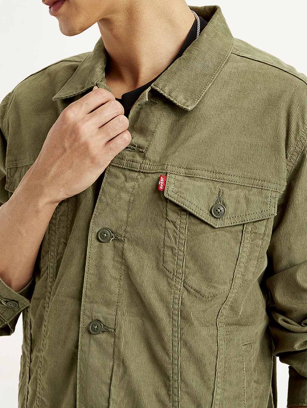 Men's Solid Olive Spread Collar Corduroy Jacket - Image 4