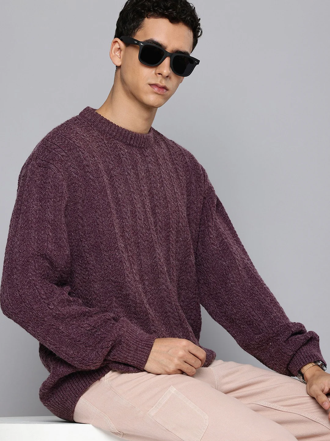 Men's Solid Purple Crew Neck Sweater - Image 2