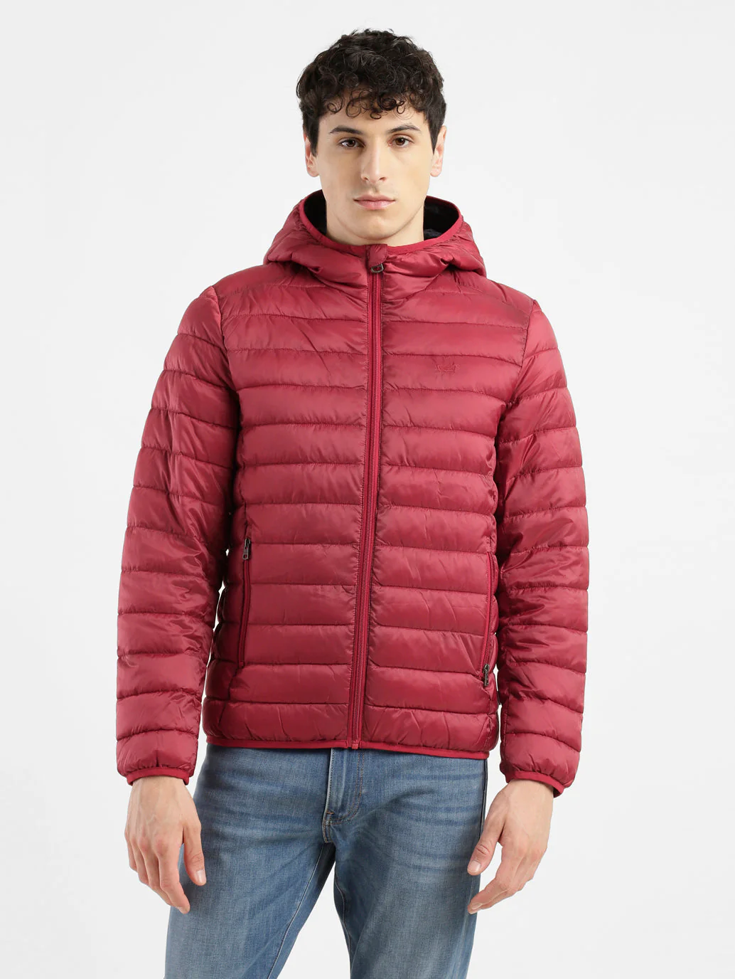 Men's Solid Red Hooded Quilted Jacket - Image 4