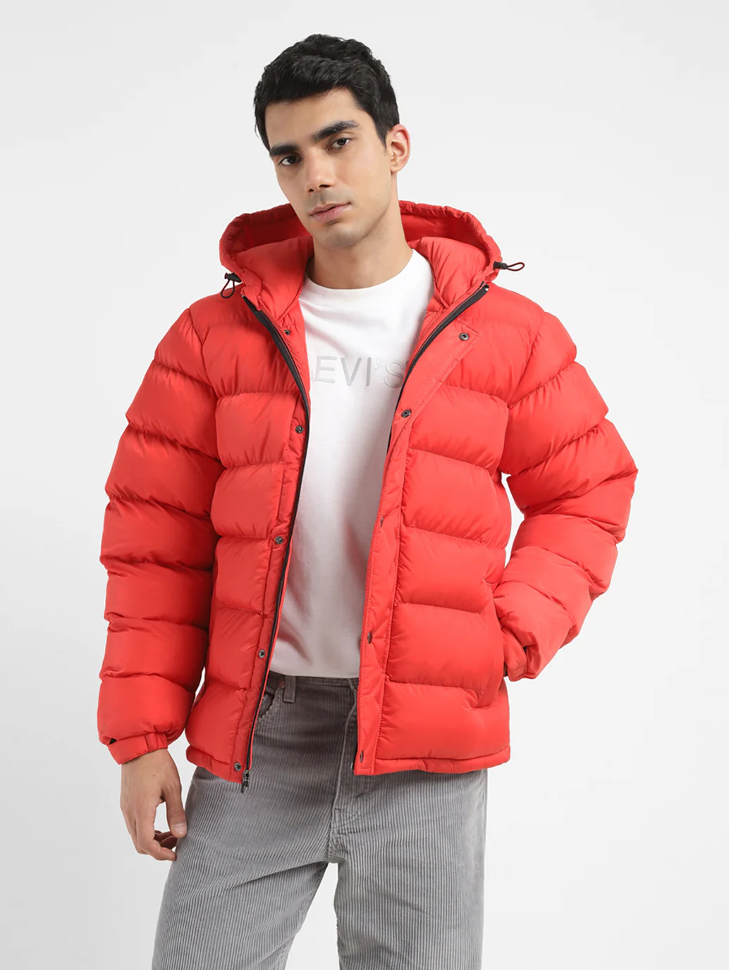 Men's Solid Red Hooded Quilted Jacket - Image 9