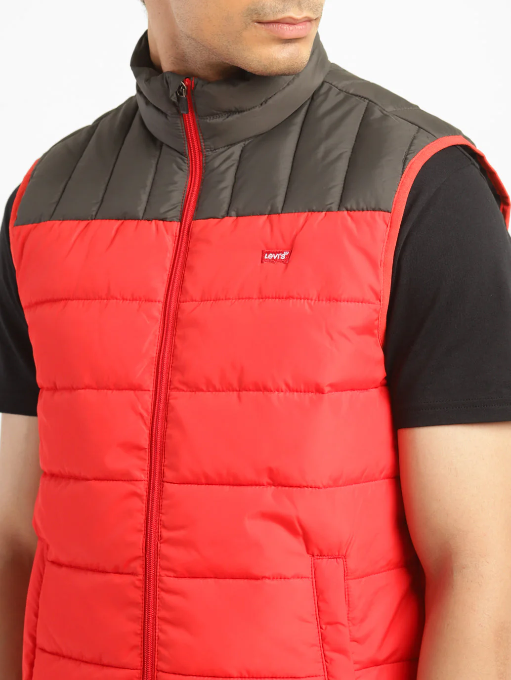 Men's Solid Red Mandarin Collar Quilted Jacket - Image 5