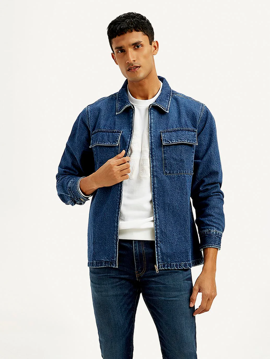 Men's Solid Relaxed Fit Zip Front Denim Shacket