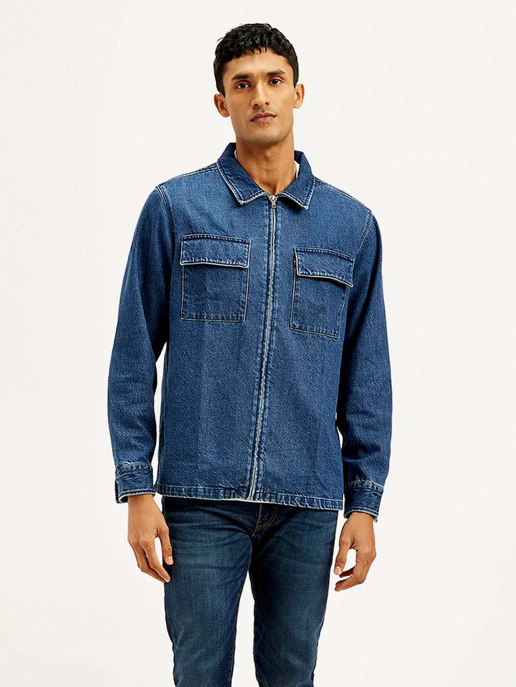 Men's Solid Relaxed Fit Zip Front Denim Shacket - Image 2