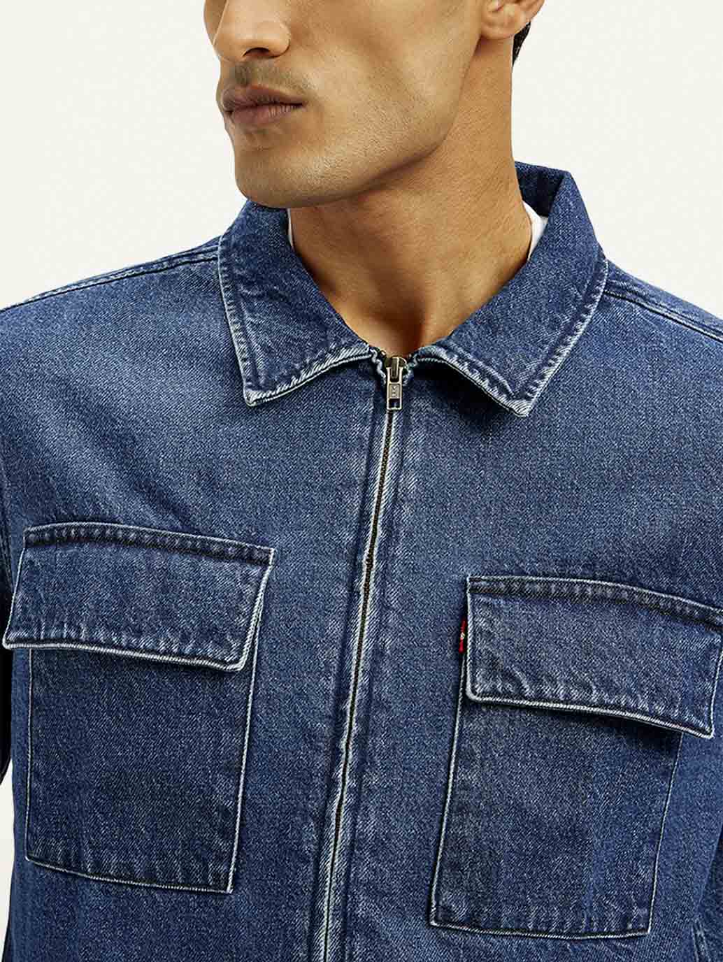 Men's Solid Relaxed Fit Zip Front Denim Shacket - Image 4