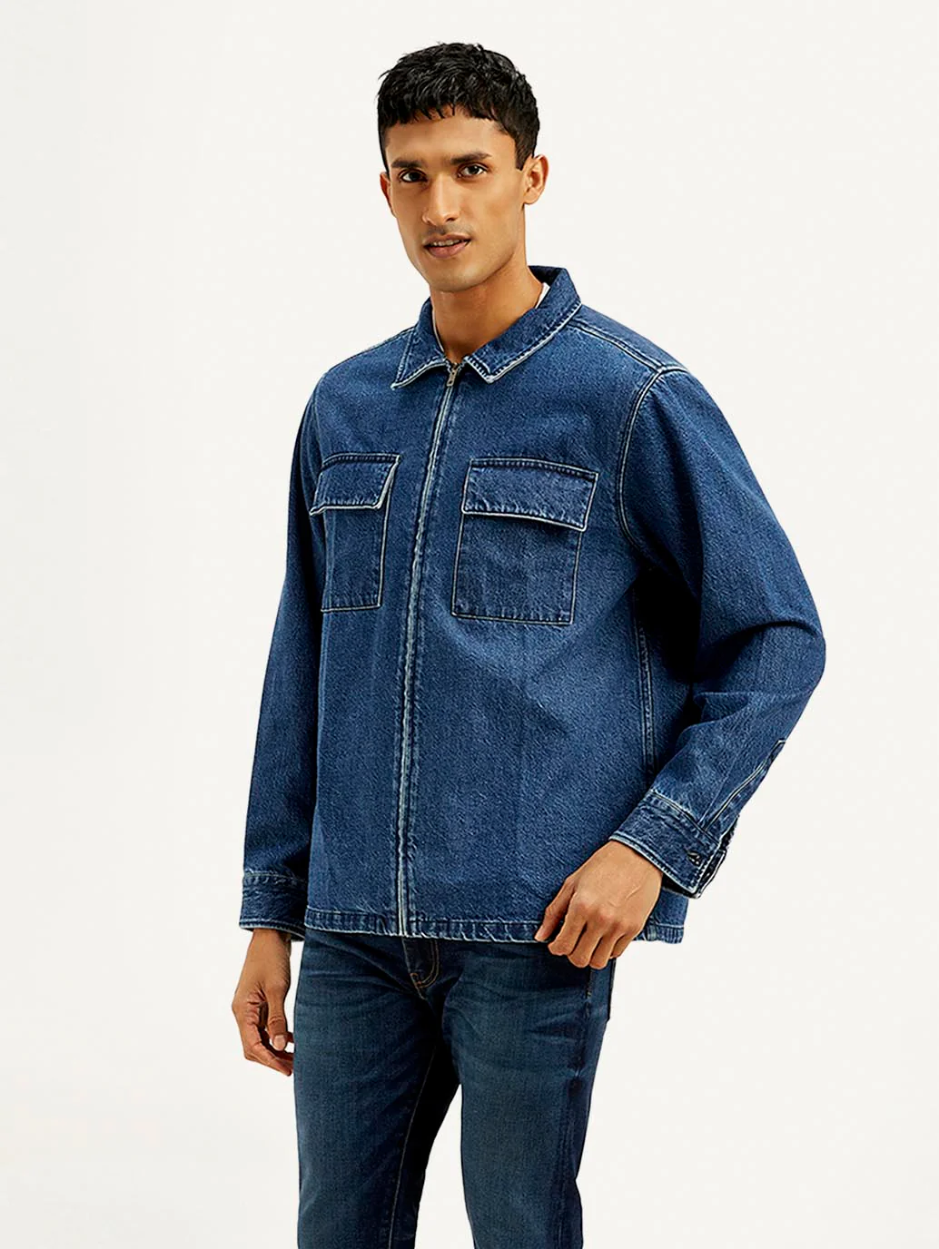 Men's Solid Relaxed Fit Zip Front Denim Shacket - Image 5