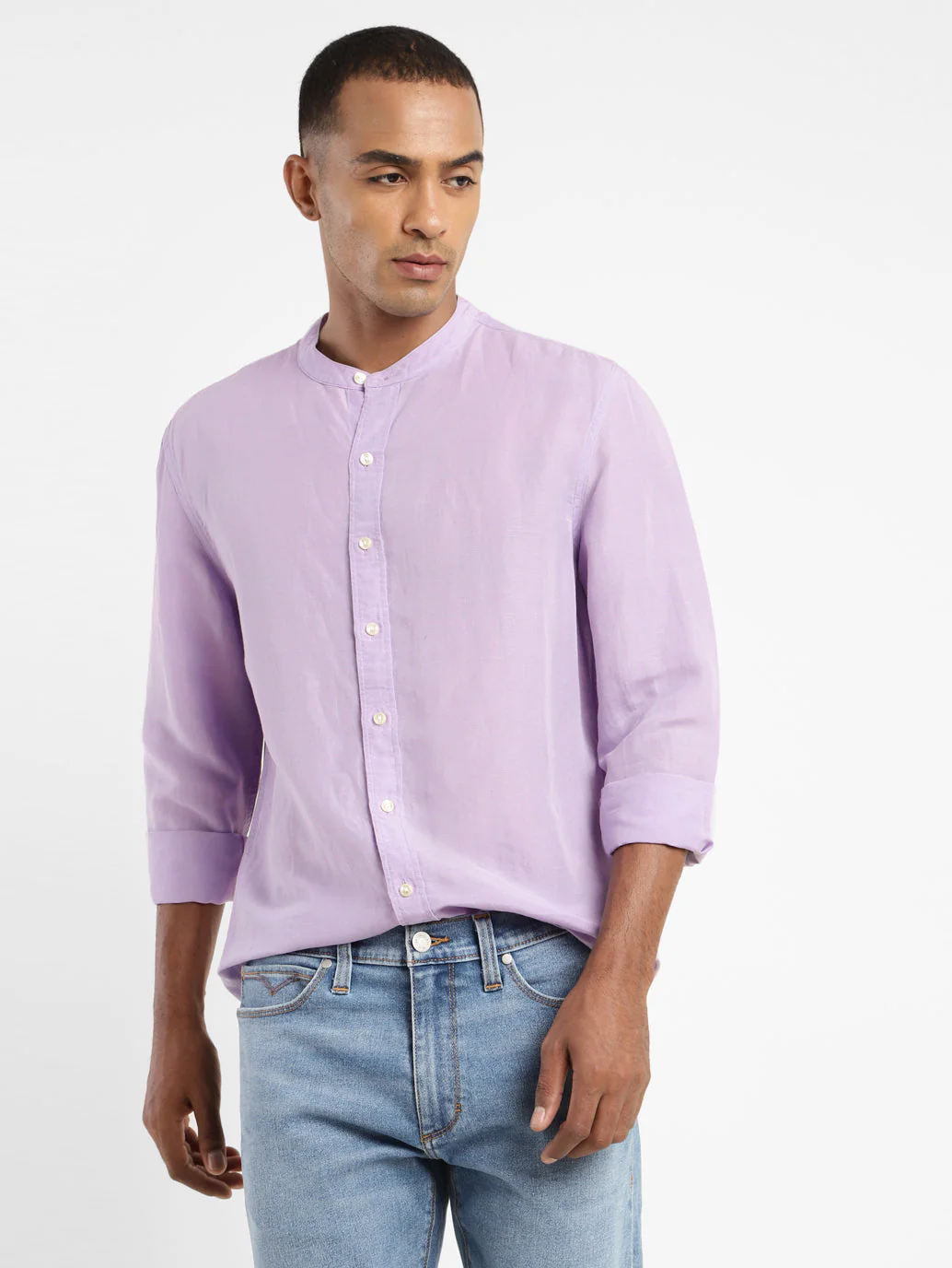 Men's Solid Band Neck Linen Shirt - Image 2
