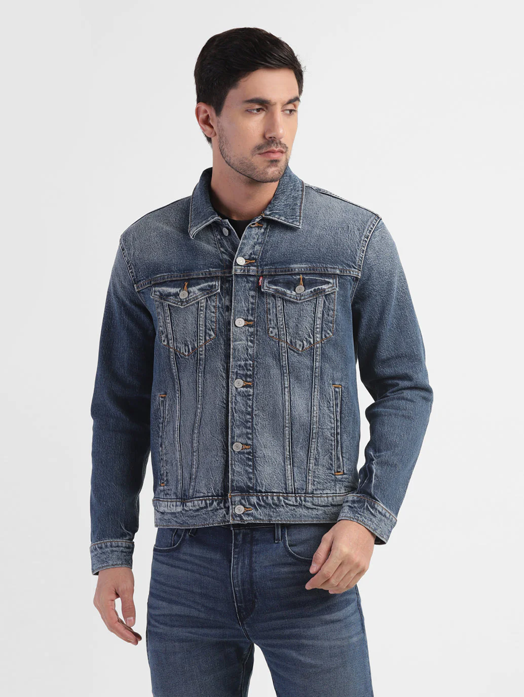 Men's Solid Spread Collar Denim Jacket - Image 2