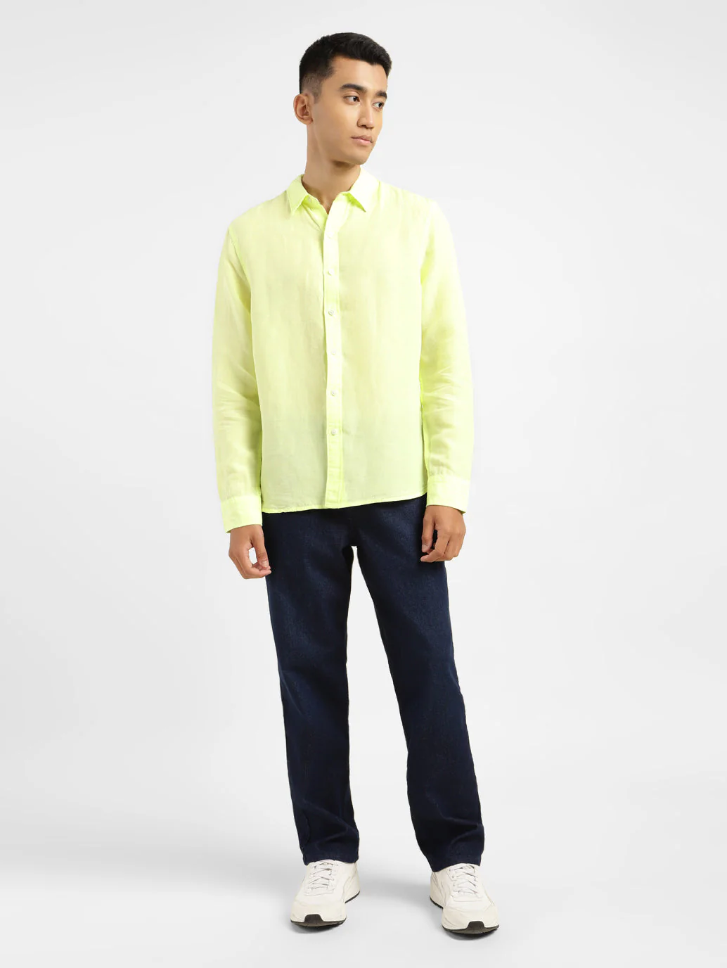 Men's Solid Spread Collar Linen Shirt Yellow - Image 6