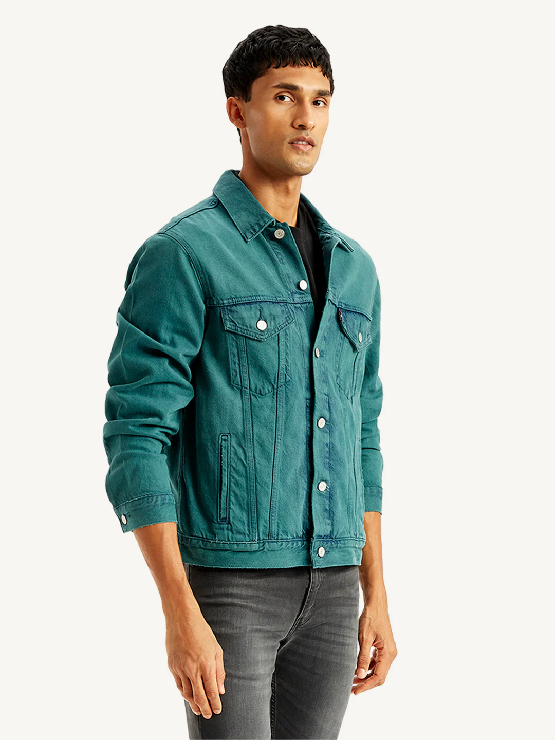 Men's Solid Teal Spread Collar Denim Trucker Jacket - Image 4
