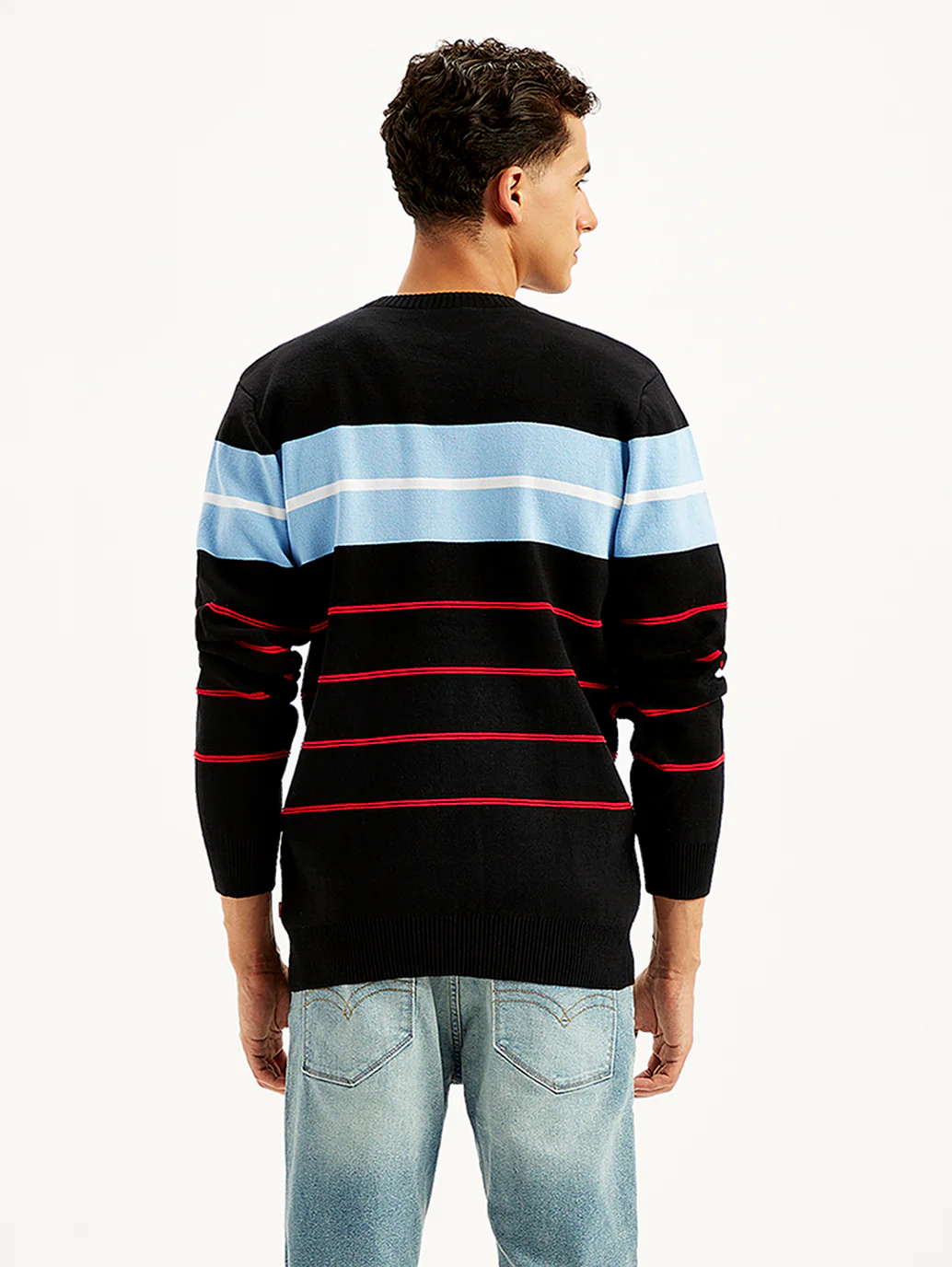 Men's Striped Black Crew Neck Sweater - Image 3