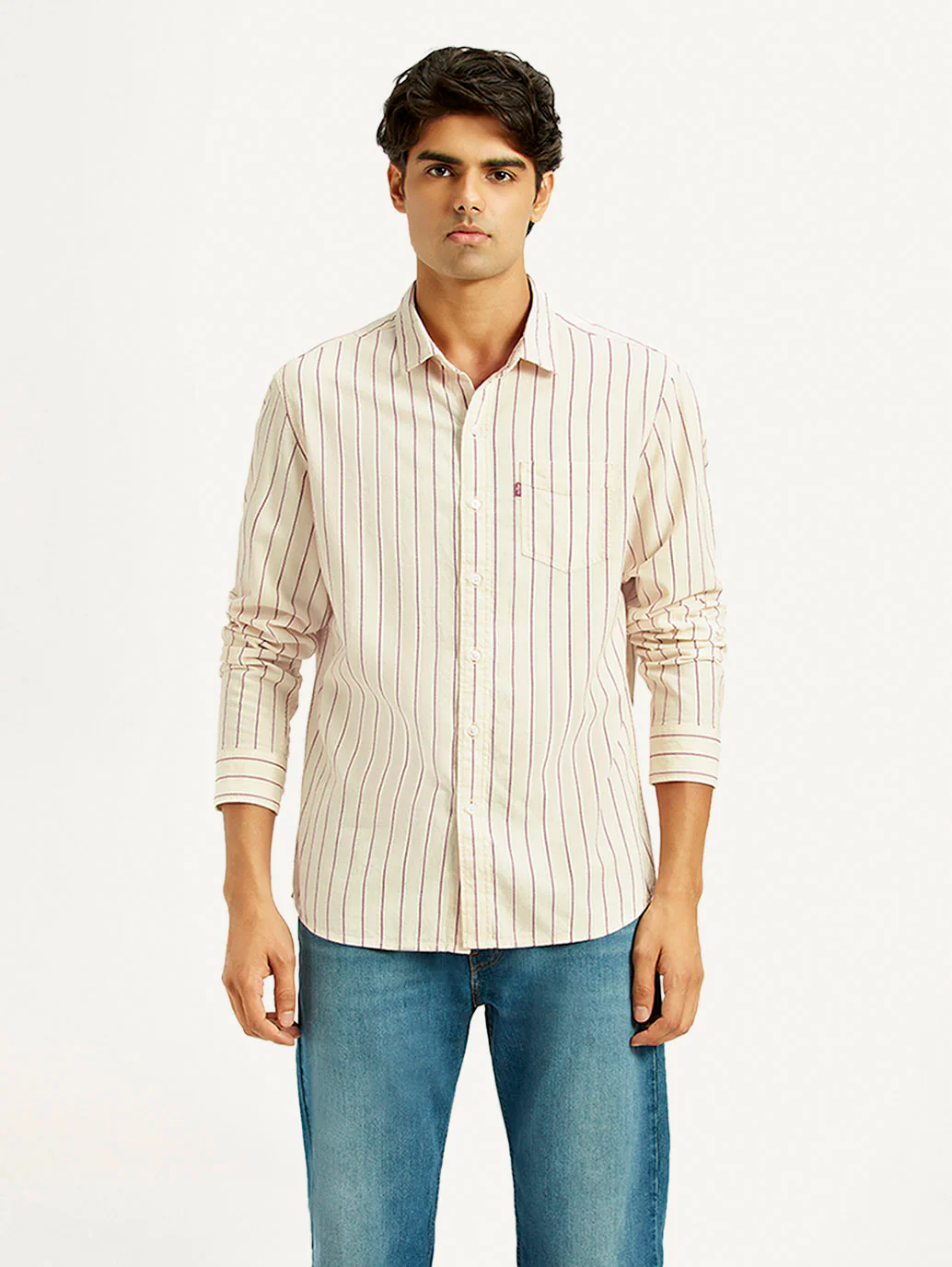 Men's Striped Cream Slim Fit Shirt - Image 2