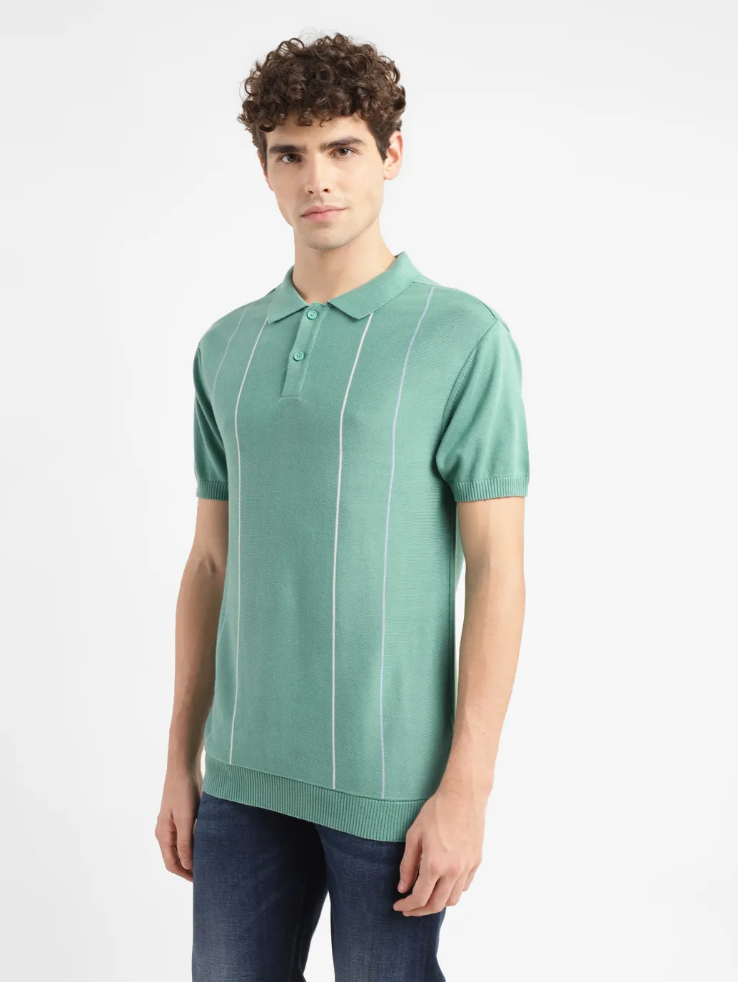 Men's Striped Green Polo Collar Sweater - Image 4