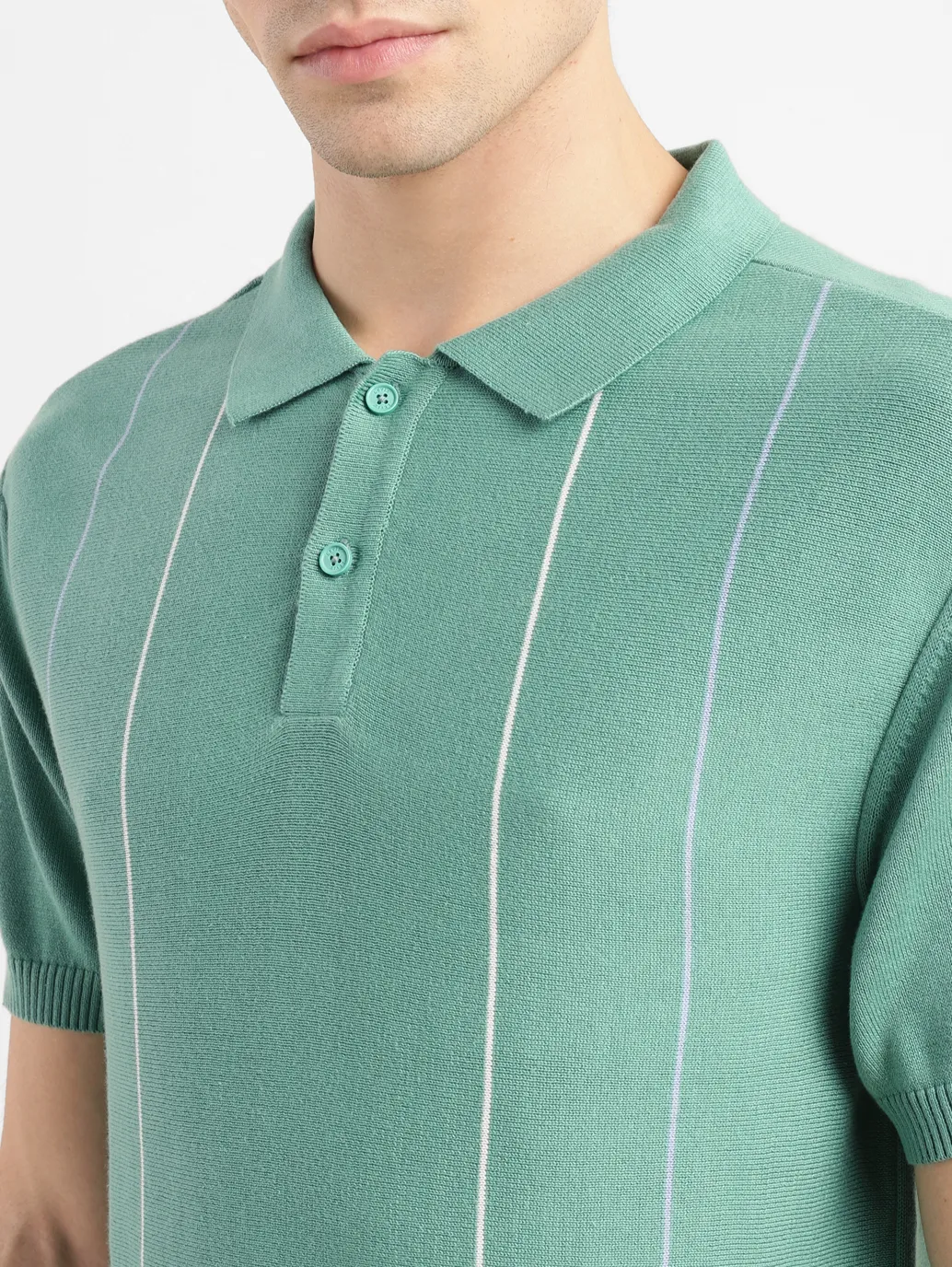 Men's Striped Green Polo Collar Sweater - Image 5