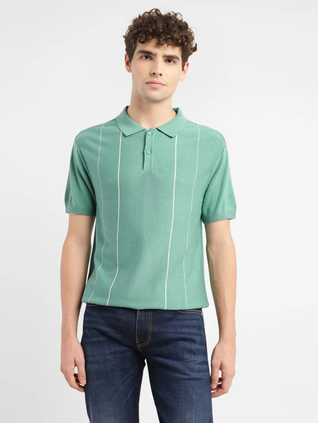 Men's Striped Green Polo Collar Sweater - Image 6