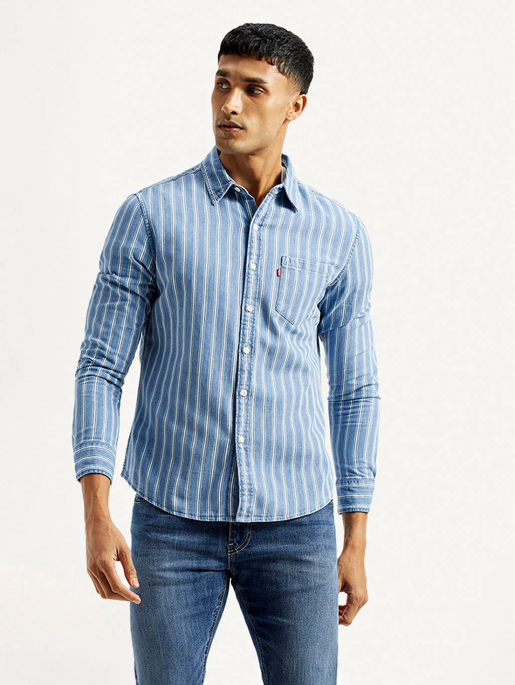 Men's Striped Light Blue Slim Fit Shirt - Image 2