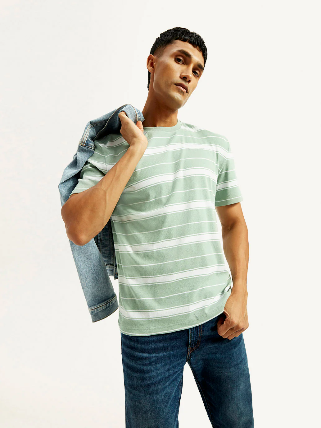 Men's Striped Light Green Crew Neck T-shirt - Image 6